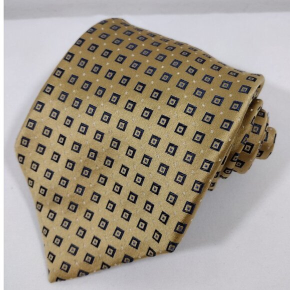 Eagle Shirtmakers Mens Necktie Silk Gold Navy Tie Geometric Pattern - Picture 2 of 8